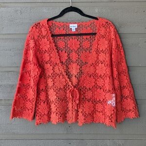 Vicki Wayne Coral Orange Floral Crochet Front Tie Cropped Cardigan Medium Boho
